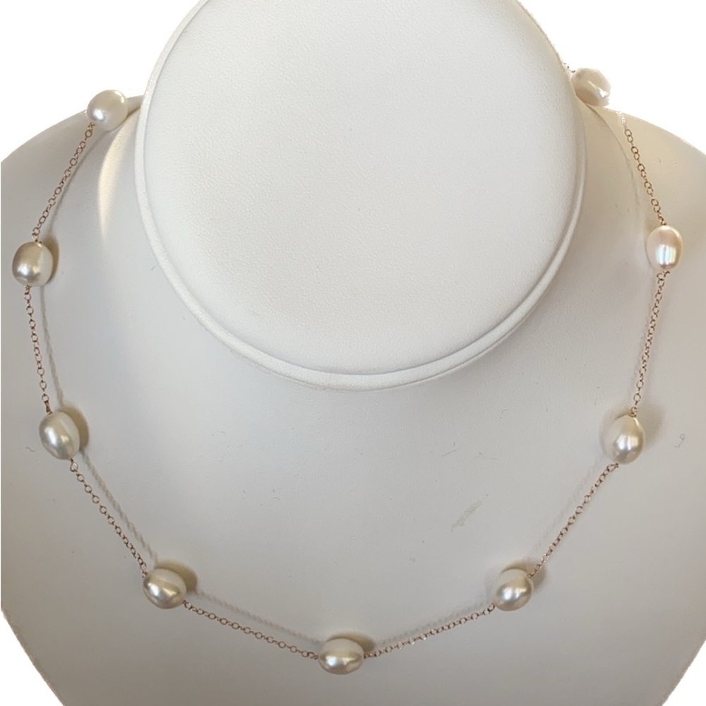 14K ROSE Gold Filled AAA White Pearl Necklace - 17 1/2 Inches Long